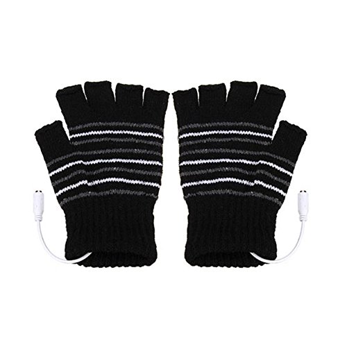 Black USB Powered Stripes Pattern Knitting Wool Heating Heated Gloves Fingerless Hand Warmer Mittens Laptop Computer Gloves