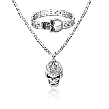 Miraculous Garden Mens Vintage Silver Tone Alloy Non Mainstream Hip Hop Skull Long Chain Pendant Necklace Link Bracelet Set for Halloween (Silver Tone)