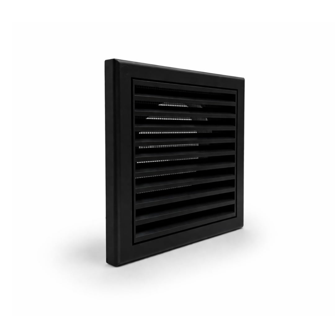 Fantronix Black Fixed Blade Vent Grille with Fly Screen – 100 mm (4”) Rear Spigot, 155 x 155 mm External Size for Ducting Systems & Extractor Fans