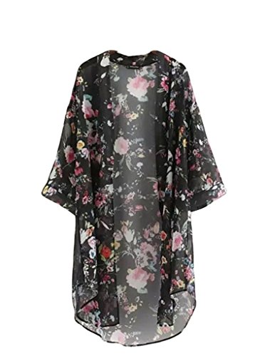 Bluetime Women's Floral Sheer Crop Sleeve Chiffon Kimono Blouse (L, Black)