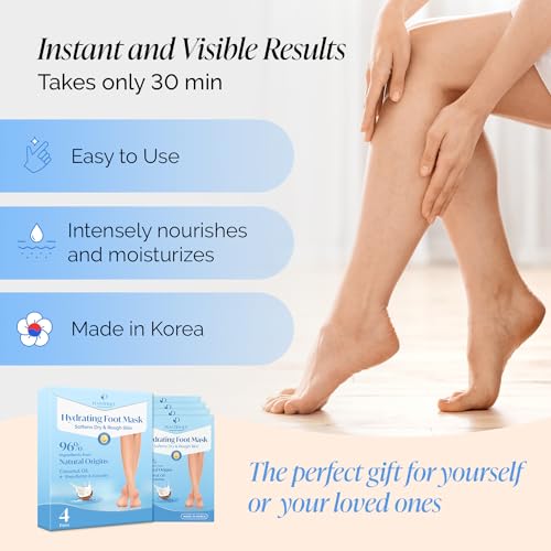 Plantifique Hydrating Foot Mask Socks – 4 Pairs with Shea Butter for Soft Heels, Deep Moisturizing & Repairing Dry, Rough Skin – Korean Skincare & Foot Care Gift