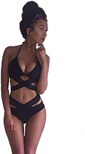 Black Halter Criss Cross Bandage Two Pieces Swimsuit for Girls Strappy Cut Out Bikini for Teen (L)
