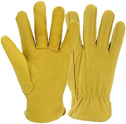 Heavy Duty Goatskin Leather Work Gloves For Man And Women. Yellow Premium General Purpose Utility Gloves, Great Gardening Gloves, Outdoor Working Gloves and Drivers Gloves. With Elastic (Extra Large)
