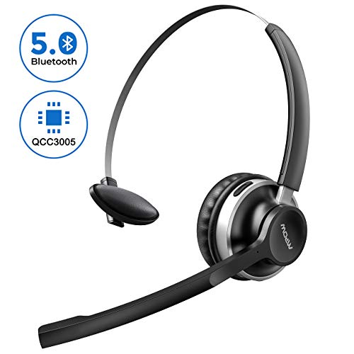 Mpow V5.0 Bluetooth Headset with Mic, Dual Noise Cancelling, All Day Comfort Truckers for Long Hual, Over The Head for Call Center(Wired Optional)