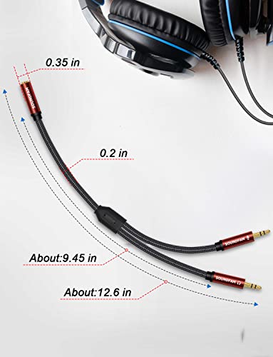 SOUNDFAM 3.5mm Headphone Splitter Cable for Desktop Laptop Standalone Mic and Audio Jack 3.5mm TRRS Female to 2 TRS Male(Microphone & Stereo Audio) Headset Adapter - 30cm/ 11.8 Inch.