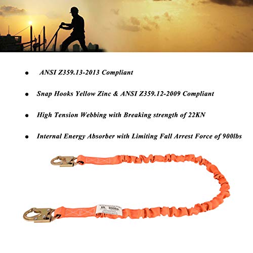 WELKFORDER 6-foot Internal Shock Absorbing Safety Lanyard with Double Snap Hook Connectors ANSI Z359.13-2013 Compliant Fall Protection Equipment (WFL001)