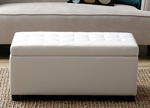 Modern Versatile Rectangular Storage Bench Faux Leather Tufted Oakwood Ottoman White