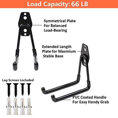 Wall Mounted Heavy Duty Double Clip U Shape Utility Tools Hooks with Anti-Slip Coating for Home Garage Storage Organizer Garden Tools Shovels Chair Hose (4 Pack Black Square Hook Middle)
