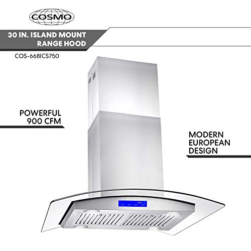 Cosmo 30" Island Range Hood, 900-CFM Stainless Steel - Image 3
