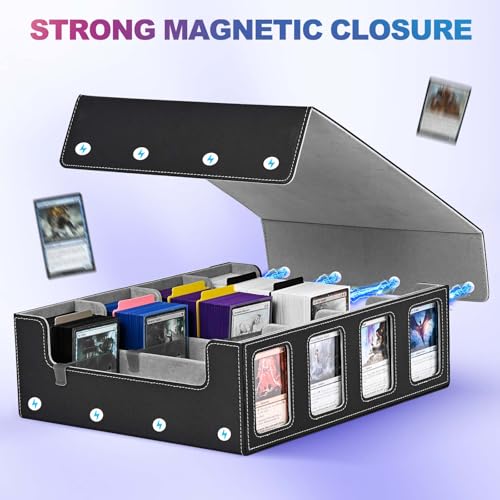 UAONO Trading Card Storage Box für Commander Display, 2400+ MTG Deck Box mit 4 Top Loader, TCG Card Case passend für Magic PTCG Sports Cards（Schwarz&Grau） 7