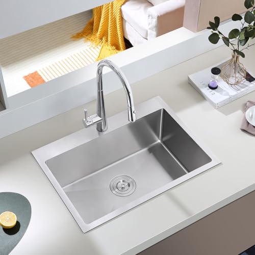 TSIBOMU 28 Inch Drop in Kitchen Sink, 18 Gauge 304 Stainless Steel Topmount Single Bowl Single Faucet Hole Handmade Kitchen Sink, 28" x 18" x 9"