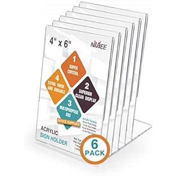 NIUBEE 6Pack Slant Back Acrylic Sign Holder 4x6 inches, Clear Vertical Picture Frames Lucite Frames, Desktop Flyer Holder Document Holder Paper Display Stand