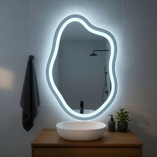 Espelho Orgânico 02 Jateado 3 Cores de LED e Touch Screen - Decorativo Lapidado Iluminação Luxo (50x80cm)