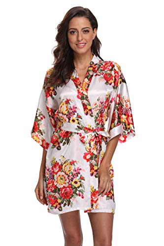 White Robes for Bride Women's Floral Satin Robe Short Silk Lightweight Bridal Kimono Bathrobe Sleepwear, M