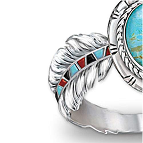 Nmch Women\'s Vintage Rings Jewelry Cubic Zirconia Turquoise Feather Rings Cocktail Party Rings Bridal Wedding Rings (Silver, 7-)