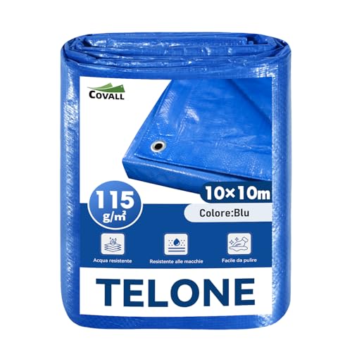 COVALL Blue Tarpaulin 10 x 10 m 115 g/m² Tear-resistant Waterproof Tarpaulin for Heavy Loads with Eyelets for Camping, Garden, Roof Cover and Warehouse