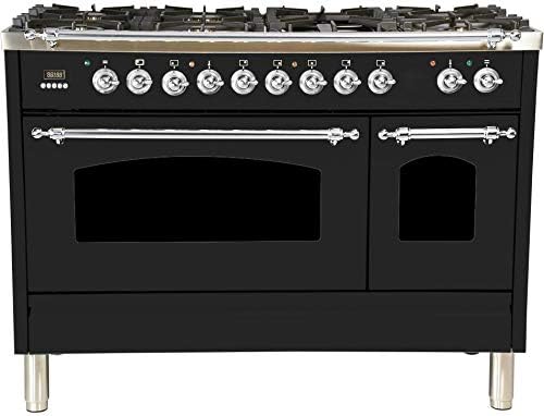 Ilve UPN120FDMPNX 48" Dual Fuel Natural Gas Range with 7 Sealed Burners with Chrome Trim, in Glossy Black
