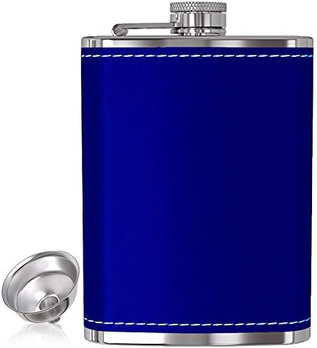 Flask for Liquor and Funnel - 8 Oz Leak Proof 18/8 Stainless Steel Pocket Hip Flask with Blue Leather Cover for Discrete Shot Drinking of Alcohol, Whiskey, Rum and Vodka | Gift for Men