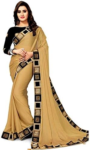 Morpich Fashion Womens Chiffon Saree With Blouse Piece(CreamChiffon)