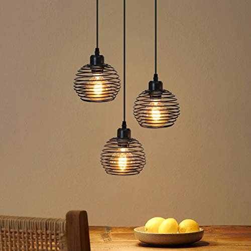 ZMH Vintage Black 3 Light Pendant Light with Cage E27 | Industrial Metal Design with 120cm Adjustable Cord for Dining Room Bulbs Not Included