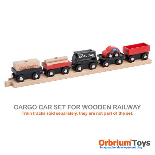 Orbrium Toys Cargo Train Car Set for Wooden Railway, 5-Piece