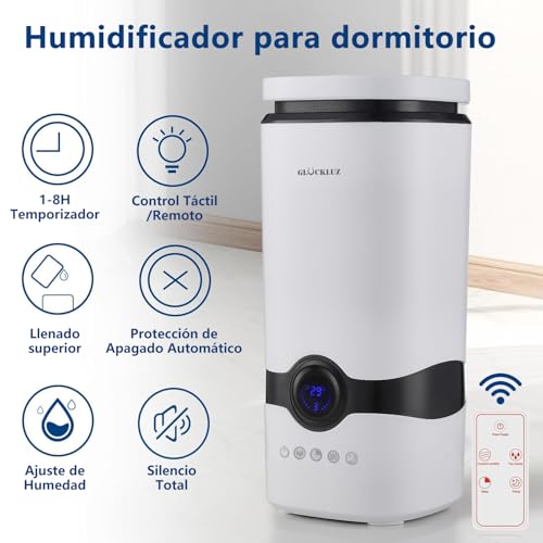 Glückluz Humidificador de Aire 4L para Dormitorio, Humidificador Ultrasónico y Difusor de Aromas con Boquilla 360° - Control de Humedad, Temporizador, Apagado Automático para un Ambiente Silencioso