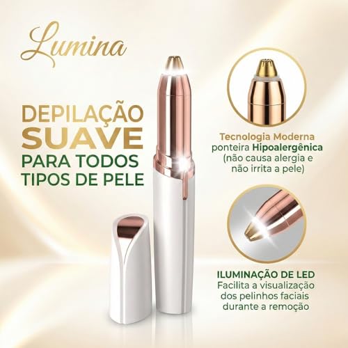 Lumina - Caneta Depiladora de Sobrancelha, Nariz e Buço Elétrica Profissional, Removedora de Pelos Faciais Indolor com Luz LED, Portátil e Recarregável via USB - Depiladora de Alta Precisão