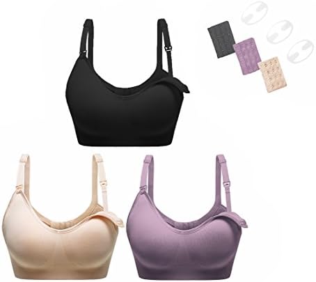Perkisboby Women's Plus Size 3 Pack Seamless Maternity Breastfeeding Nursing Bra Sleep Bralette with Extenders, Clips (Black &amp; Purple &amp; Beige - XL)