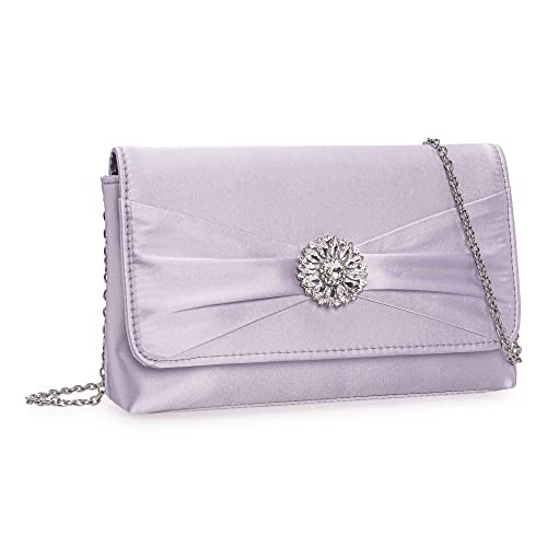CHARMING TAILOR Evening Bag for Women Pleated Flap Satin Formal Purse Diamantes Brooch Embellished Clutch
