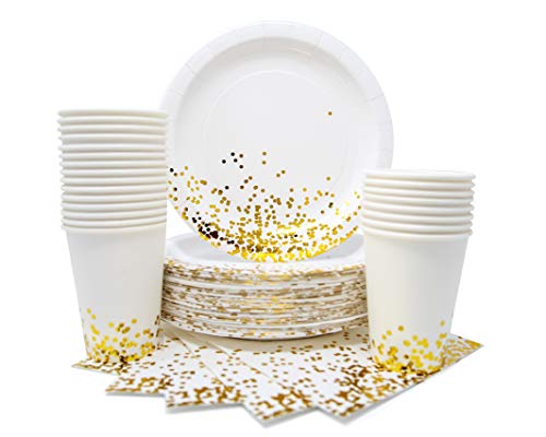 Party Chic Gold Dot Disposable Paper Plates Cups and Napkins Set for 20; Gold Foil 20 Dinner Plates 20 10 oz Cups and 20 Dinner Napkins for Party Wedding Holiday Anniversary Birthday Bachelor Shower