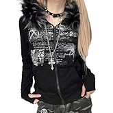 GOTHPICKUS Y2K Grunge Faux Fur Hoodies For Women Zip Up Vintage Punk Gothic Graphic Jacket Long Sleeves Ribbing Streetwear