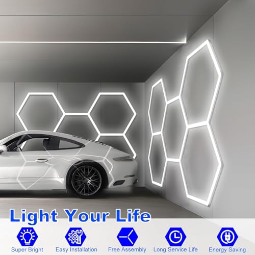 Hexagon LED Garage Lights:192W 5 Grids DIY led Honeycomb Ceiling Light,6500K Ultra Bright,2.4x1.7m,Easy Install, Durable Design for Garages,Car Detailing,Workshops,Exhibition Hall,Gym,Shopping malls