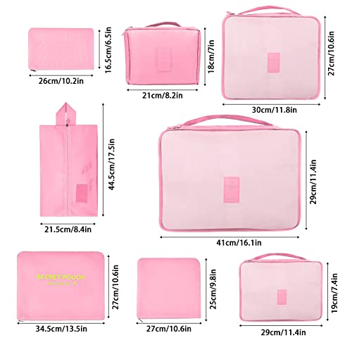 Set Di 8 Cubi Da Imballaggio Impermeabili Per Valigia – Organizer Da Viaggio In Nylon Rosa – Con Sacchetti In Rete E Borsa Cosmetici
