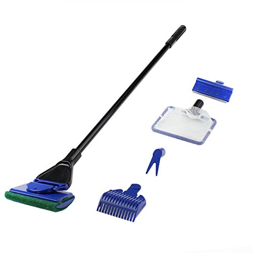 AQUANEAT 5 in 1 Aquarium Cleaning Set Aquarium Cleaner Tool Kit Fish Net + Gravel Rake +Plant Fork + Scraper + Sponge Brush Clean