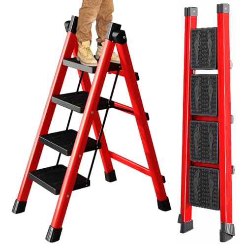 ADILIKADII Escalera Plegable de Acero，Escalera 4 Peldaños Doméstica Portátil con Pedal Ancho Antideslizante, Escalera Tubular Escalera de Tijera Tipo de Interior Exterior Hogar Oficina Cocina Garaje