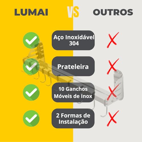 Lumai Suporte De Parede Cozinha com 10 Ganchos Móveis e Prateleira de Aço Inox 304 Para Pendurar Organizar Utensilios De Cozinha, Temperos, Facas e Panelas