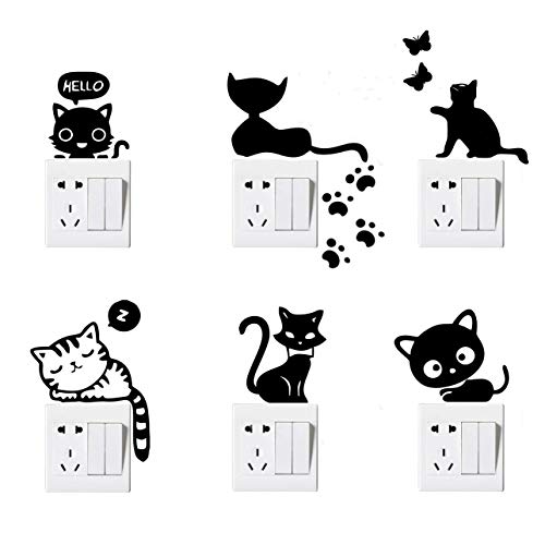 Peel & Stick (6 Pack) Funny Lovely Cute Cat Pet Cartoon Art Vinyl Wall Sticker for for Home Decoration, Light Switch Decor Decals, Cell Phone Laptop and More.