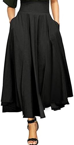 AmyDong Ladies Dress Women High Waist Pleated A Line Long Skirt Women's Half-Length Skirt with Straps and Waistband Pockets