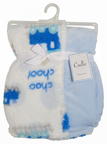 Cudlie! Double Sided Infant Blanket Printed Sherpa and Flannel Fleece Backing, Trains Print