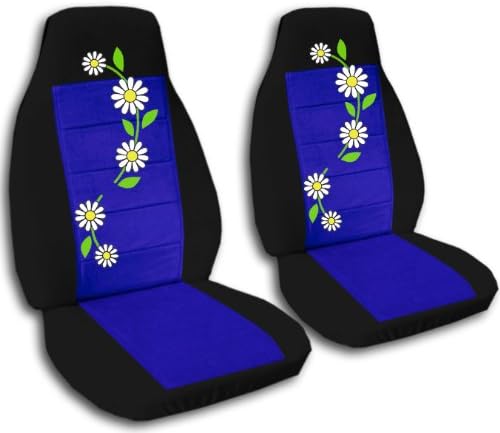 2 black and dark blue daisy car seat covers for a 2000 Honda Civic.