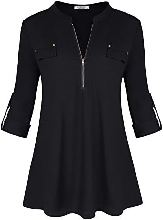 Ya Ya Hood Womens Split V-Neck 3/4 Roll-Up Sleeve Zip Up Casual Shirt Blouse Top