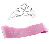 Pink Birthday Girl Sash & Glitter Tiara 2-Piece Set; Silver Princess Crown & Satin Sash Combo