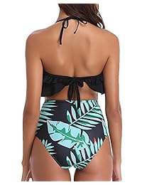 Bikini sin espalda con volantes para dama, 2 piezas, con estampado de hojas de palma de talle alto