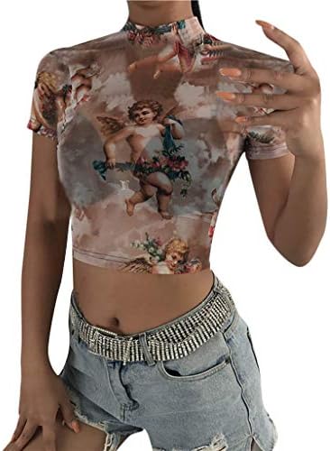 Women Sexy Crop Tops Club Slim Casual Top Angel Print Graphic Vest See Through Summer