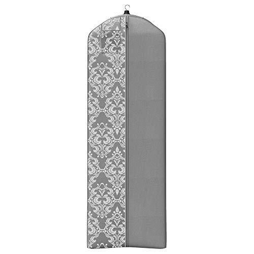 Gusseted Wedding Dress Garment Bag - For Long Puffy Gowns - 72" x 24", 20" Gusset (Grey Damask)