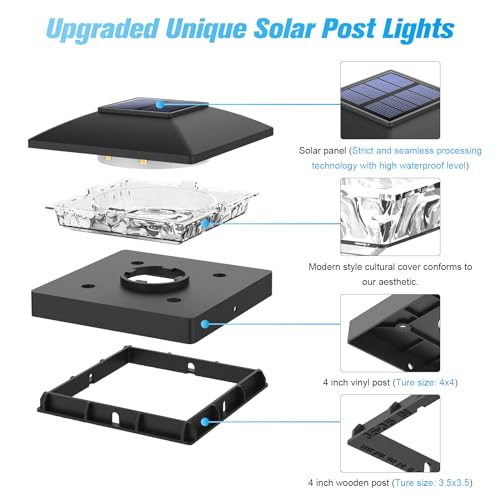 VOLISUN 4x4 Solar Post Cap Light 12pack,Solar Fence - Post Lights Outdoor Waterproof for Wooden/Vinyl Post,Black Deck Post Cap Light Solar Powered with Warm White for Garden/Patio/Porch