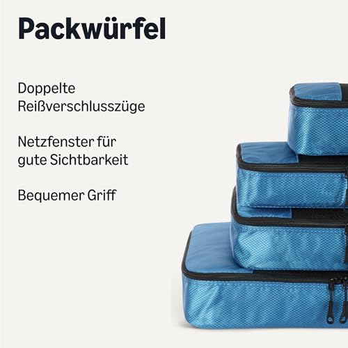 4-teiliges Packwürfel-Reisezubehörset, Gepäckorganizer mit doppeltem Reißverschluss, Netzoberseite, 100% Polyester, klein/mittel/groß/schmal, himmelblau (früher Amazon Basics)