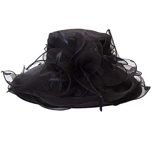 June's Young Women Race Hats Organza Hat with Ruffles Feathers Black Polka Dot