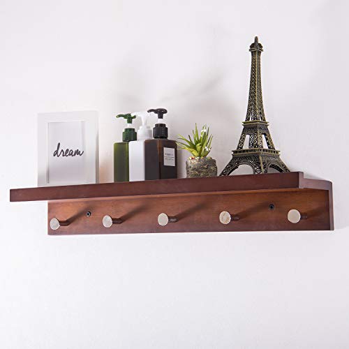 Ollieroo Bamboo Wall Mounted Shelf, Coat Hooks Rack with 5 Alloy Hooks for Entryway, Bedroom, Kitchen, Bathroom, Length 24" (Brown)