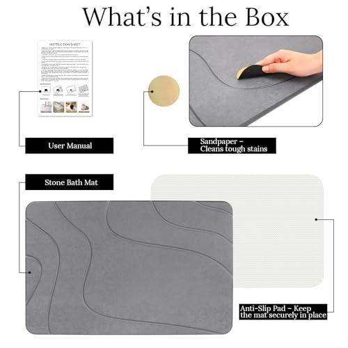 Euqvunn Non Slip Diatomite Bath Mat 60 x 39 cm - Absorbent Stone Anti-Mildew Quick Drying Bath Mat for Bathroom, Kitchen and Bathtub - Grey